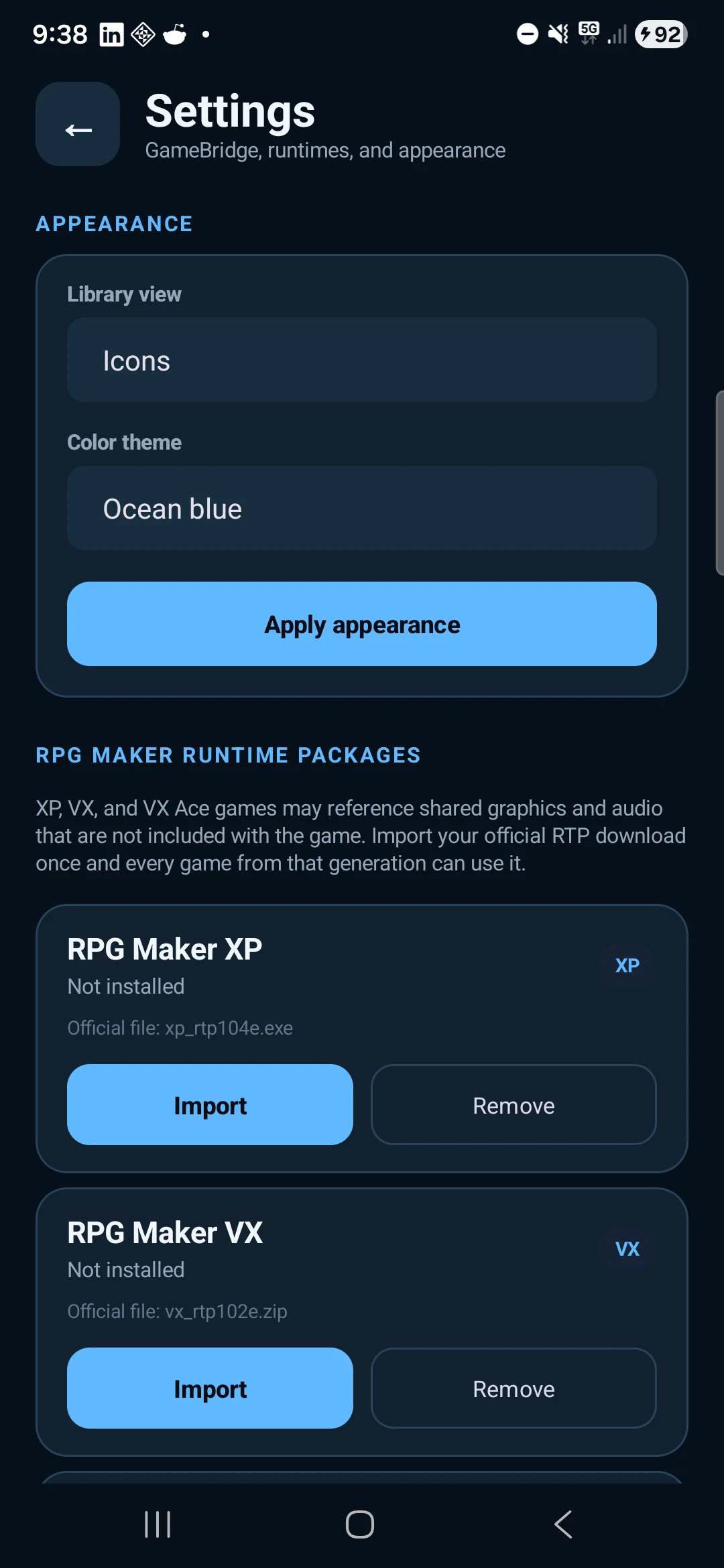 Actual Gamebridge Android capture showing appearance and runtime settings